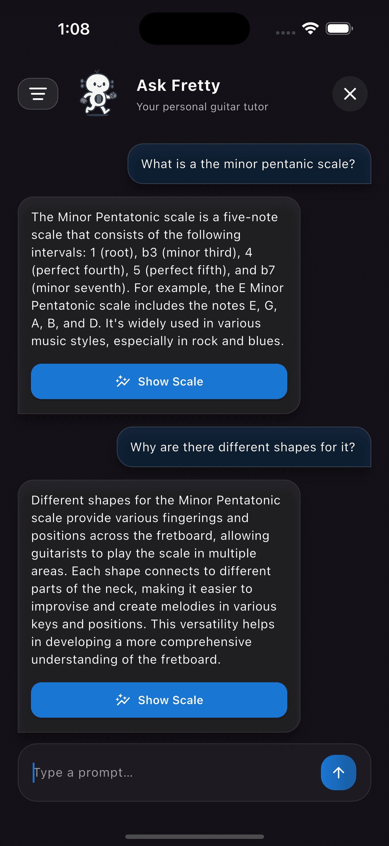 Fretty tutor view highlighting notes on the fretboard